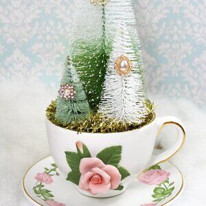 Shabby Chic Christmas Bottle Brush Trees: Vintage Pink Rose Teacup Christmas